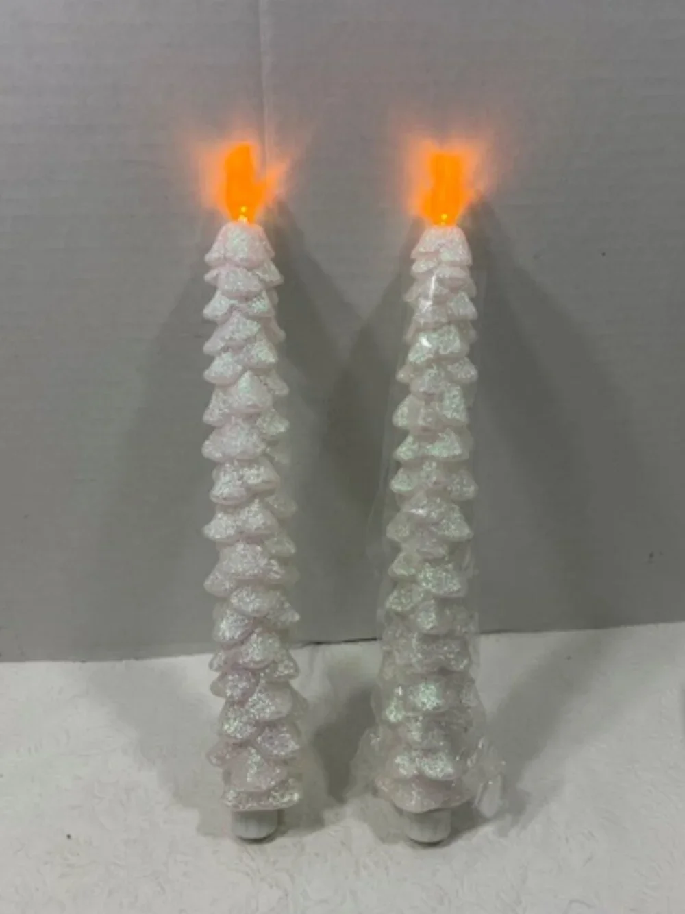 Pair Pier 1 Imports White Glittery Christmas Tree Flameless Taper Candles 11
